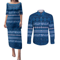 Fiji Marau na Kerisimasi Couples Matching Puletasi and Long Sleeve Button Shirt Blue Tapa Masi Inspired Christmas LT9 Blue - Polynesian Pride