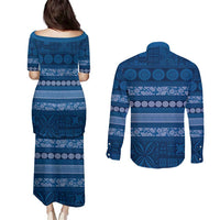 Fiji Marau na Kerisimasi Couples Matching Puletasi and Long Sleeve Button Shirt Blue Tapa Masi Inspired Christmas LT9 - Polynesian Pride