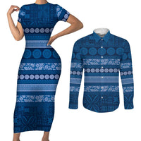 Fiji Marau na Kerisimasi Couples Matching Short Sleeve Bodycon Dress and Long Sleeve Button Shirt Blue Tapa Masi Inspired Christmas - Polynesian Pride