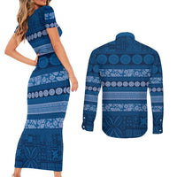 Fiji Marau na Kerisimasi Couples Matching Short Sleeve Bodycon Dress and Long Sleeve Button Shirt Blue Tapa Masi Inspired Christmas - Polynesian Pride