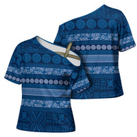 Fiji Marau na Kerisimasi Cross Shoulder Shirt Blue Tapa Masi Inspired Christmas - Polynesian Pride
