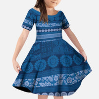 Fiji Marau na Kerisimasi Family Matching Long Sleeve Bodycon Dress and Hawaiian Shirt Blue Tapa Masi Inspired Christmas LT9 Daughter's Dress Blue - Polynesian Pride