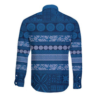 Fiji Marau na Kerisimasi Long Sleeve Button Shirt Blue Tapa Masi Inspired Christmas - Polynesian Pride