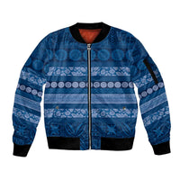 Fiji Marau na Kerisimasi Sleeve Zip Bomber Jacket Blue Tapa Masi Inspired Christmas - Polynesian Pride