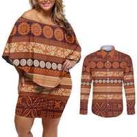 Fiji Marau na Kerisimasi Couples Matching Off Shoulder Short Dress and Long Sleeve Button Shirt Gold Tapa Masi Inspired Christmas - Polynesian Pride