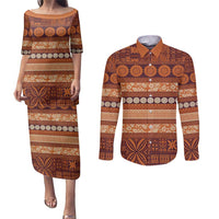 Fiji Marau na Kerisimasi Couples Matching Puletasi and Long Sleeve Button Shirt Gold Tapa Masi Inspired Christmas LT9 Gold - Polynesian Pride