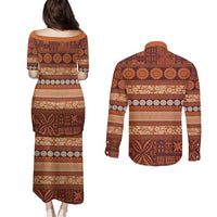 Fiji Marau na Kerisimasi Couples Matching Puletasi and Long Sleeve Button Shirt Gold Tapa Masi Inspired Christmas LT9 - Polynesian Pride