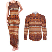 Fiji Marau na Kerisimasi Couples Matching Tank Maxi Dress and Long Sleeve Button Shirt Gold Tapa Masi Inspired Christmas - Polynesian Pride