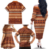 Fiji Marau na Kerisimasi Family Matching Off The Shoulder Long Sleeve Dress and Hawaiian Shirt Gold Tapa Masi Inspired Christmas - Polynesian Pride