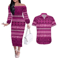 Fiji Marau na Kerisimasi Couples Matching Off The Shoulder Long Sleeve Dress and Hawaiian Shirt Pink Tapa Masi Inspired Christmas LT9 Pink - Polynesian Pride