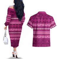 Fiji Marau na Kerisimasi Couples Matching Off The Shoulder Long Sleeve Dress and Hawaiian Shirt Pink Tapa Masi Inspired Christmas LT9 - Polynesian Pride