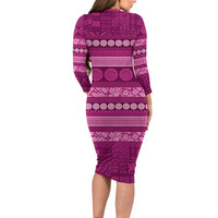 Fiji Marau na Kerisimasi Long Sleeve Bodycon Dress Pink Tapa Masi Inspired Christmas - Polynesian Pride
