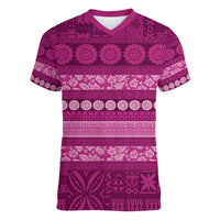 Fiji Marau na Kerisimasi Women V-Neck T-Shirt Pink Tapa Masi Inspired Christmas LT9 Female Pink - Polynesian Pride