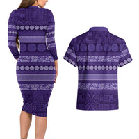 Fiji Marau na Kerisimasi Couples Matching Long Sleeve Bodycon Dress and Hawaiian Shirt Purple Tapa Masi Inspired Christmas - Polynesian Pride