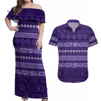 Fiji Marau na Kerisimasi Couples Matching Off Shoulder Maxi Dress and Hawaiian Shirt Purple Tapa Masi Inspired Christmas - Polynesian Pride