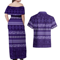 Fiji Marau na Kerisimasi Couples Matching Off Shoulder Maxi Dress and Hawaiian Shirt Purple Tapa Masi Inspired Christmas - Polynesian Pride