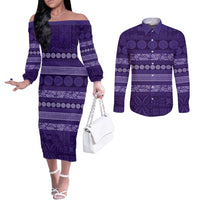 Fiji Marau na Kerisimasi Couples Matching Off The Shoulder Long Sleeve Dress and Long Sleeve Button Shirt Purple Tapa Masi Inspired Christmas - Polynesian Pride