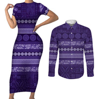 Fiji Marau na Kerisimasi Couples Matching Short Sleeve Bodycon Dress and Long Sleeve Button Shirt Purple Tapa Masi Inspired Christmas - Polynesian Pride