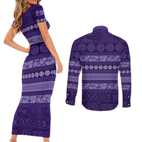 Fiji Marau na Kerisimasi Couples Matching Short Sleeve Bodycon Dress and Long Sleeve Button Shirt Purple Tapa Masi Inspired Christmas - Polynesian Pride