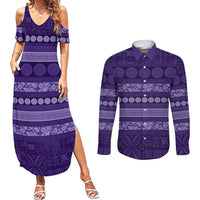Fiji Marau na Kerisimasi Couples Matching Summer Maxi Dress and Long Sleeve Button Shirt Purple Tapa Masi Inspired Christmas - Polynesian Pride