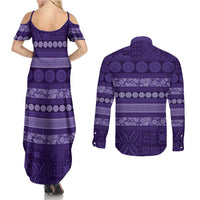 Fiji Marau na Kerisimasi Couples Matching Summer Maxi Dress and Long Sleeve Button Shirt Purple Tapa Masi Inspired Christmas - Polynesian Pride