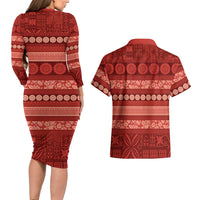 Fiji Marau na Kerisimasi Couples Matching Long Sleeve Bodycon Dress and Hawaiian Shirt Red Tapa Masi Inspired Christmas - Polynesian Pride