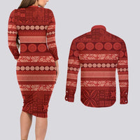 Fiji Marau na Kerisimasi Couples Matching Long Sleeve Bodycon Dress and Long Sleeve Button Shirt Red Tapa Masi Inspired Christmas - Polynesian Pride