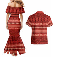 Fiji Marau na Kerisimasi Couples Matching Mermaid Dress and Hawaiian Shirt Red Tapa Masi Inspired Christmas - Polynesian Pride