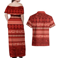 Fiji Marau na Kerisimasi Couples Matching Off Shoulder Maxi Dress and Hawaiian Shirt Red Tapa Masi Inspired Christmas - Polynesian Pride