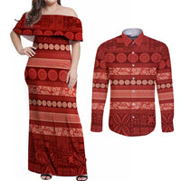 Fiji Marau na Kerisimasi Couples Matching Off Shoulder Maxi Dress and Long Sleeve Button Shirt Red Tapa Masi Inspired Christmas - Polynesian Pride