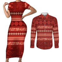 Fiji Marau na Kerisimasi Couples Matching Short Sleeve Bodycon Dress and Long Sleeve Button Shirt Red Tapa Masi Inspired Christmas - Polynesian Pride