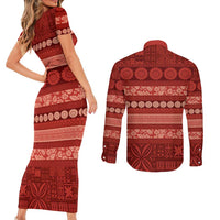 Fiji Marau na Kerisimasi Couples Matching Short Sleeve Bodycon Dress and Long Sleeve Button Shirt Red Tapa Masi Inspired Christmas - Polynesian Pride