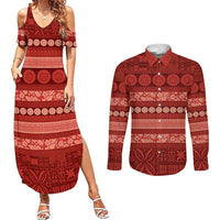 Fiji Marau na Kerisimasi Couples Matching Summer Maxi Dress and Long Sleeve Button Shirt Red Tapa Masi Inspired Christmas - Polynesian Pride