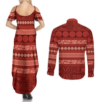 Fiji Marau na Kerisimasi Couples Matching Summer Maxi Dress and Long Sleeve Button Shirt Red Tapa Masi Inspired Christmas - Polynesian Pride