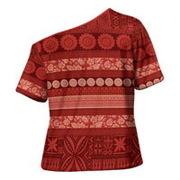 Fiji Marau na Kerisimasi Cross Shoulder Shirt Red Tapa Masi Inspired Christmas LT9 - Polynesian Pride