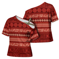 Fiji Marau na Kerisimasi Cross Shoulder Shirt Red Tapa Masi Inspired Christmas LT9 - Polynesian Pride