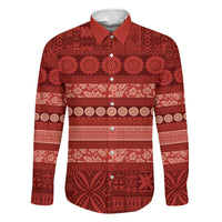 Fiji Marau na Kerisimasi Family Matching Long Sleeve Bodycon Dress and Hawaiian Shirt Red Tapa Masi Inspired Christmas LT9 Dad's Shirt - Long Sleeve Red - Polynesian Pride
