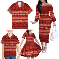 Fiji Marau na Kerisimasi Family Matching Off The Shoulder Long Sleeve Dress and Hawaiian Shirt Red Tapa Masi Inspired Christmas - Polynesian Pride
