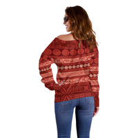 Fiji Marau na Kerisimasi Off Shoulder Sweater Red Tapa Masi Inspired Christmas - Polynesian Pride