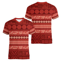 Fiji Marau na Kerisimasi Women V-Neck T-Shirt Red Tapa Masi Inspired Christmas - Polynesian Pride
