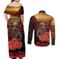 Maori Kiwi Soldier Fern Tattoo ANZAC Day Couples Matching Off Shoulder Maxi Dress and Long Sleeve Button Shirt Lest We Forget
