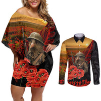 Maori Kiwi Soldier Fern Tattoo ANZAC Day Couples Matching Off Shoulder Short Dress and Long Sleeve Button Shirt Lest We Forget