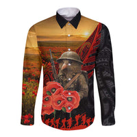 Maori Kiwi Soldier Fern Tattoo ANZAC Day Long Sleeve Button Shirt Lest We Forget