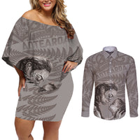 New Zealand Mother's Day Couples Matching Off Shoulder Short Dress and Long Sleeve Button Shirt Maori Mo Toku Mama Silver Fern