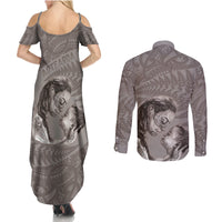 New Zealand Mother's Day Couples Matching Summer Maxi Dress and Long Sleeve Button Shirt Maori Mo Toku Mama Silver Fern