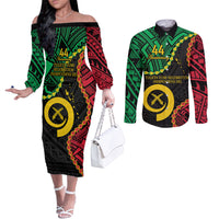 Personalised Vanuatu 44th Anniversary Couples Matching Off The Shoulder Long Sleeve Dress and Long Sleeve Button Shirt Tugeta Yumi Selebretem Indipendens Dei
