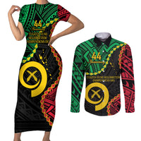 Personalised Vanuatu 44th Anniversary Couples Matching Short Sleeve Bodycon Dress and Long Sleeve Button Shirt Tugeta Yumi Selebretem Indipendens Dei