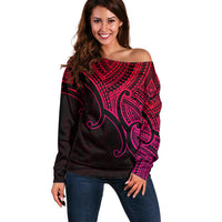 Aotearoa Maori Koru Off Shoulder Sweater Polynesian Pacific Tribal - Pink LT9 Women Pink - Polynesian Pride
