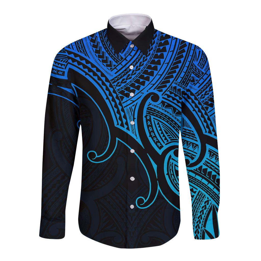 Custom Aotearoa Maori Koru Long Sleeve Button Shirt Polynesian Pacific Tribal - Blue LT9 Unisex Blue - Polynesian Pride
