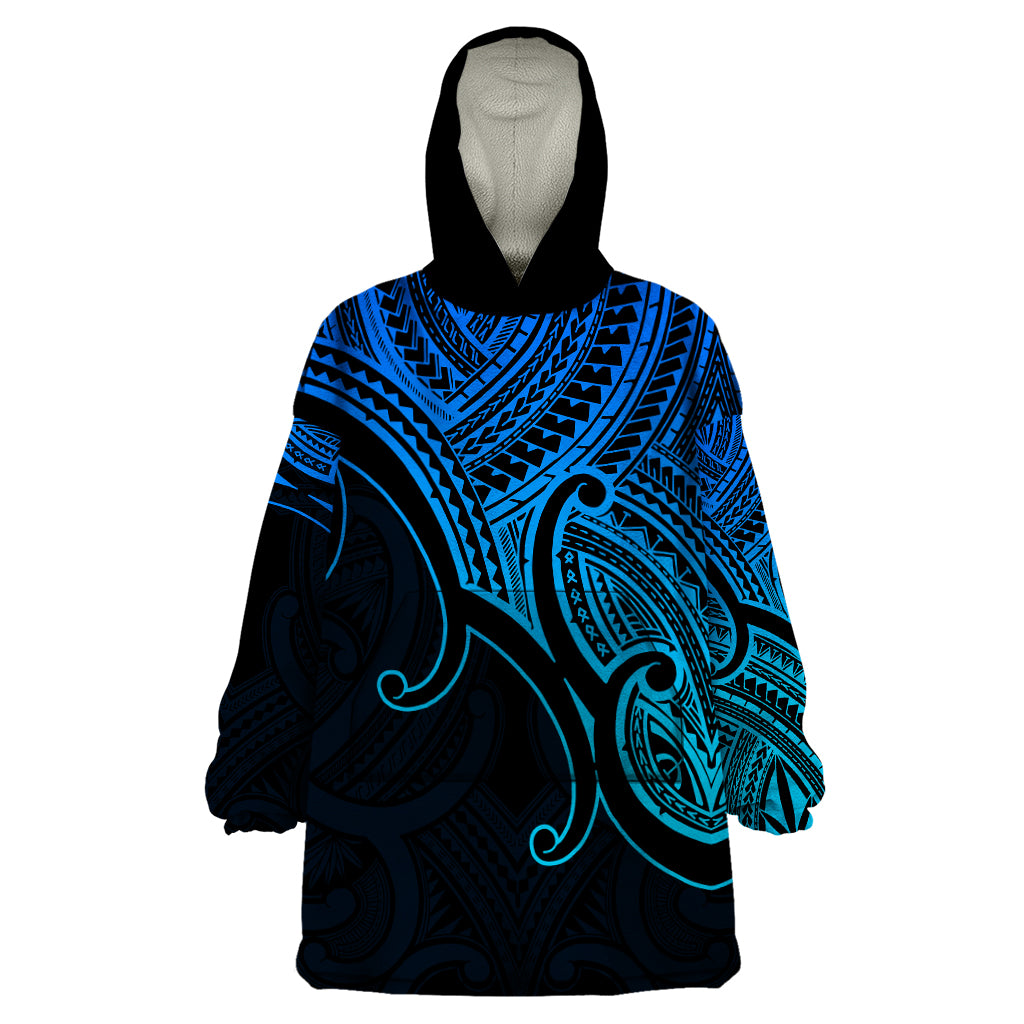Custom Aotearoa Maori Koru Wearable Blanket Hoodie Polynesian Pacific Tribal - Blue LT9 One Size Blue - Polynesian Pride